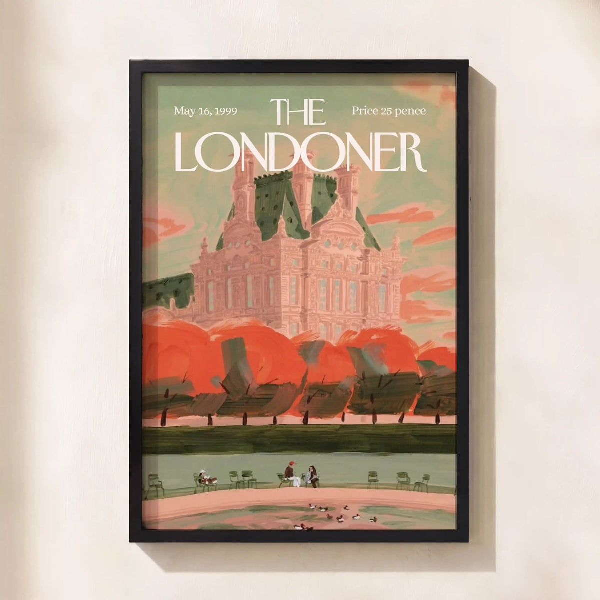 A framed vintage-style London magazine cover print hangs on a light beige wall. The artwork shows a large pinkish building, orange-red trees, and pale green sky, with the visible title text 'THE LONDONER' and date 'May 16, 1999'.