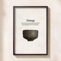 Framed artwork with a black and gold ceramic bowl and 'Kintsugi' text on a beige background