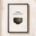 Framed artwork with a black and gold ceramic bowl and 'Kintsugi' text on a beige background