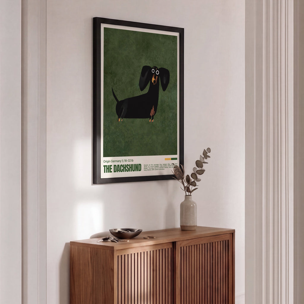 Wooden cabinet with a framed poster of a dachshund on a wall.