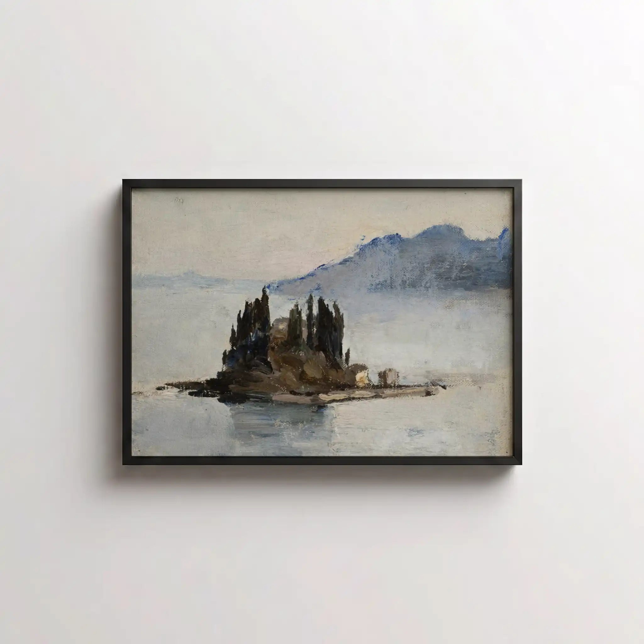 A framed landscape painting of a small island with cypress trees and distant blue mountains, displayed on a light gray wall.